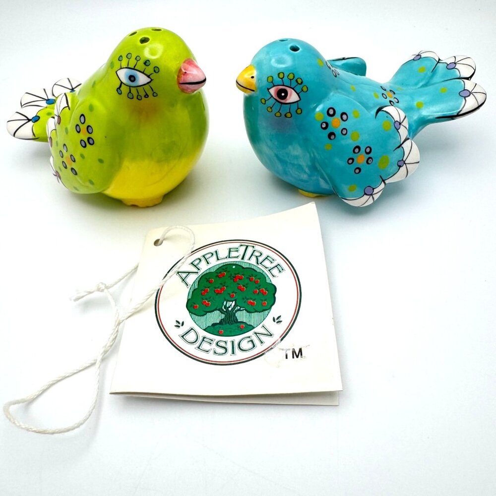 New AppleTree Design Blue Green Bird Salt Pepper Ceramic Bohemian
